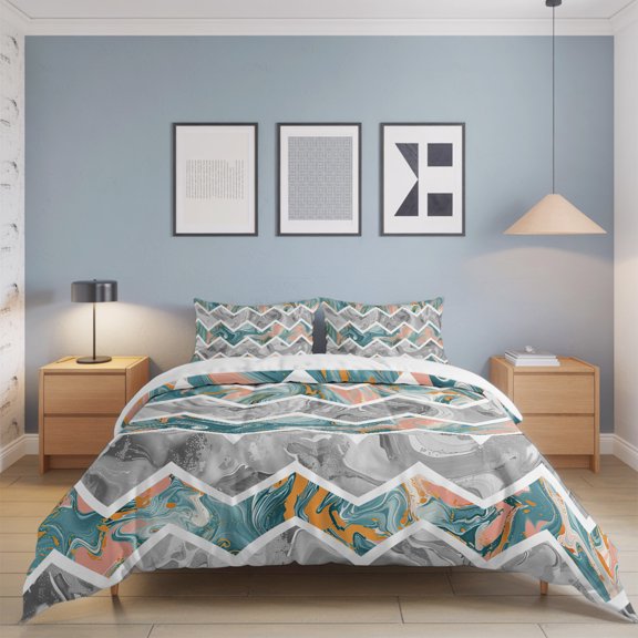 Abstract Geometric Zigzag Chevron King Size Bed Set,Modern Marble Texture Bedding for All Seasons,4 Pcs Bed Set with 1 Quiltcover (104"x90"),1 Sheet (108"x98"),2 Pillowcases (20"x36")