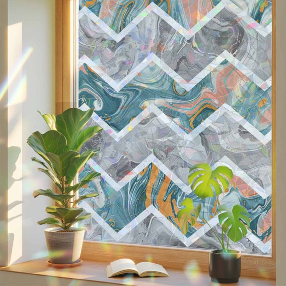 Abstract Geometric Zigzag Chevron Window Privacy Film, Rainbow Film Decorative Window Sticker 17.7x39.3in, Modern Marble Texture Sun Blocking Static Stained Glass Cling Tint Non-Adhesive