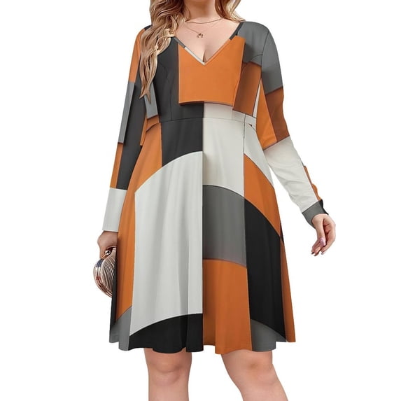 Abstract Geometric in Orange White Black Grey Long Sleeve Dresses For Women Vintage Elegant Party Dress Oversized V-neck Dress S-8XL