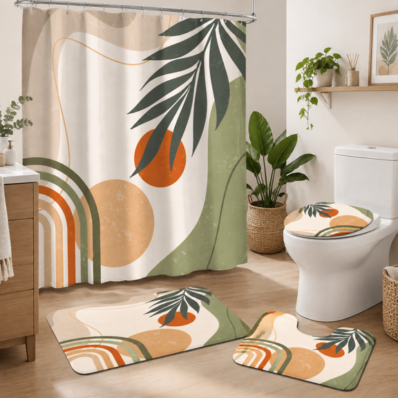 Abstract & Geometry 4-Piece Bathroom Linen Accessory Set with Shower Curtain and Rugs
