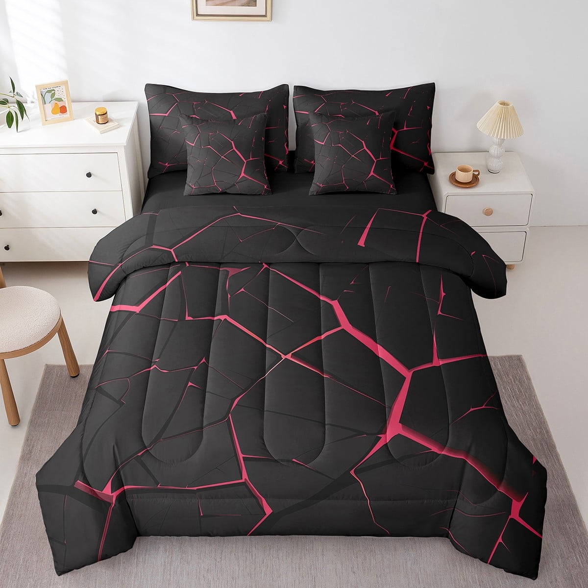 Geometric Green Black Twin Comforter Set - 7 Piece Honeycomb Bedding, Microfiber, All Season Lightweight