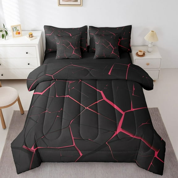 Abstract Geometry 7 Piece Bed in a Bag, Pink Honeycomb Print Bedding Set with Comforter Twin Beehive Geometrical Fitted Sheet, Black Stripes Decor Cushiom Covers Soft Reversible Bed Set