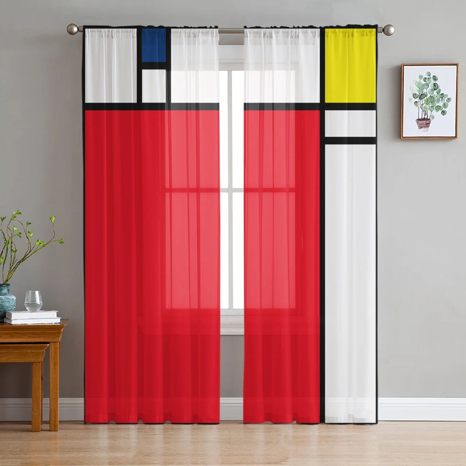 Abstract Geometry Art Red Yellow Blue Tulle Voile Curtains For Bedroom