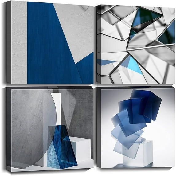 Abstract Geometry Canvas Wall Art Picture Blue Print Painting Wall Decor Artwork for Bedroom Office Living Room Decoration (12"x12"x4pcs)
