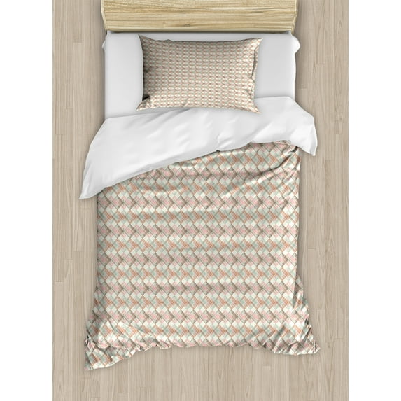 Abstract Geometry Duvet Cover Set, Ethnic Inspired Grunge Style Triangles Squares Pattern, Decorative 2 Piece Bedding Set with 1 Pillow Shams, Twin Size, Ivory Rose, by Ambesonne