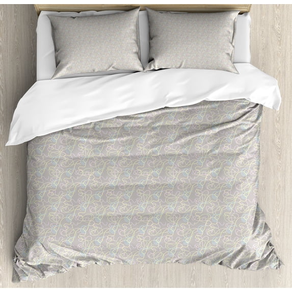Abstract Geometry Duvet Cover Set, Pastel Colored Strings Motifs Randomly Spread Illustration, Decorative 3 Piece Bedding Set with 2 Pillow Shams, Queen Size, Pale Taupe Multicolor, by Ambesonne