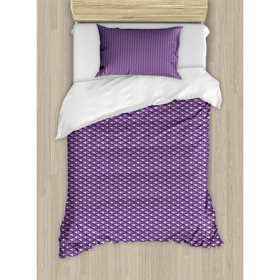 Abstract Geometry Duvet Cover Set, Pattern of Diagonally Arranged Violet Tone Triangular Elements, Decorative 2 Piece Bedding Set with 1 Pillow Shams, Twin Size, Mauve and Quartz, by Ambesonne