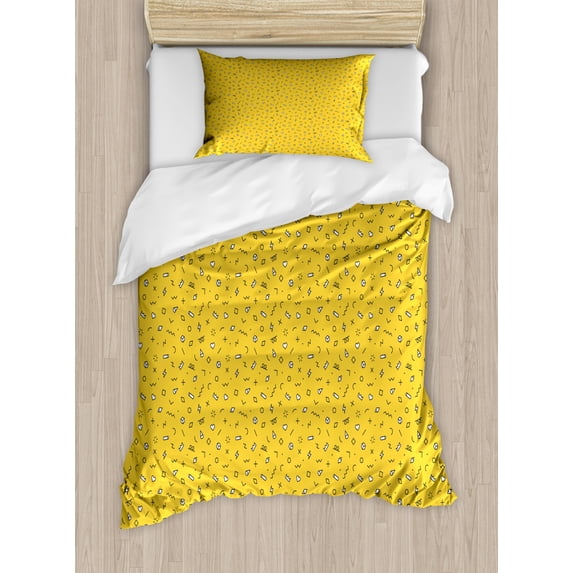 Abstract Geometry Duvet Cover Set Twin Size, Repetitive Hearts Squares Cylinder Motifs Illustration, Decorative 2 Piece Bedding Set with 1 Pillow Sham, Mustard Charcoal Grey White, by Ambesonne