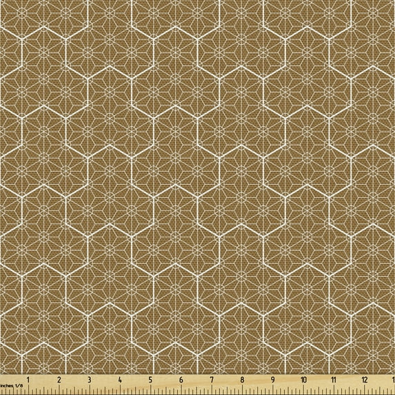 Abstract Geometry Fabric by the Yard, Antique Shapes Japanese Inspired Ornaments with Connected Streaks, Decorative Upholstery Fabric for Chairs & Home Accents, 3 Yards, Caramel and White by Ambesonne