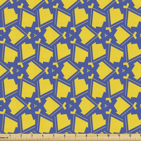 Abstract Geometry Fabric by the Yard, Bicolored Random Altered Geometric Elements Contemporary Arrangement, Upholstery Fabric for Dining Chairs Home Decor Accents, Blue Mustard by Ambesonne