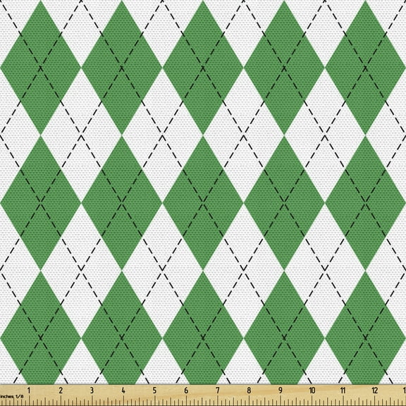 Abstract Geometry Fabric by the Yard, Classical Concept of Diamond Shaped Items Argyle Inspired Details, Decorative Upholstery Fabric for Chairs & Home Accents, 5 Yards, Green and White by Ambesonne