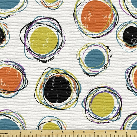 Abstract Geometry Fabric by the Yard, Hand Drawn Circular Elements with Scribbles on a Plain Background, Decorative Upholstery Fabric for Sofas and Home Accents, 1 Yard, White Multicolor by Ambesonne