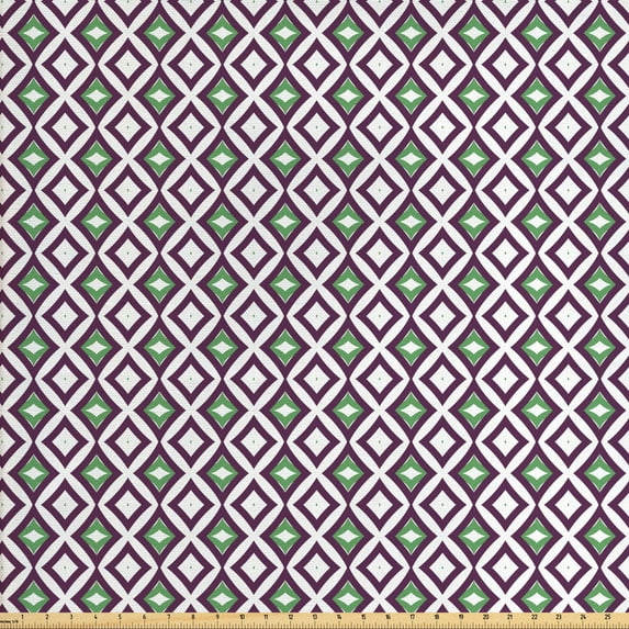 Abstract Geometry Fabric by the Yard, Retro Arrangement of Rhombus Leaves Squares Pattern, Decorative Upholstery Fabric for Chairs & Home Accents, White Eggplant by Ambesonne