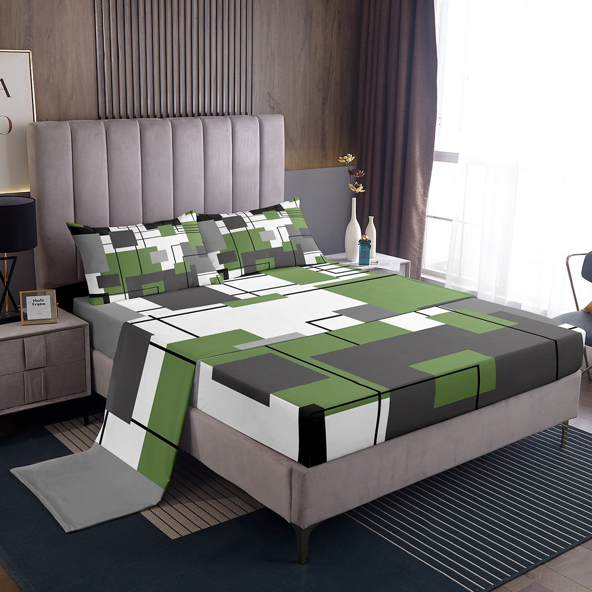 Abstract Geometry Sheet Set Twin Black Grey Green Bedding Set Geometric ...