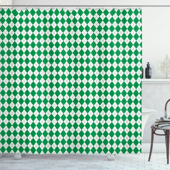 Abstract Geometry Shower Curtain, Classical Concept of Diamond Shaped Items Argyle Inspired Details, Fabric Bathroom Set with Hooks, 69W X 70L Inches, Green and White, by Ambesonne