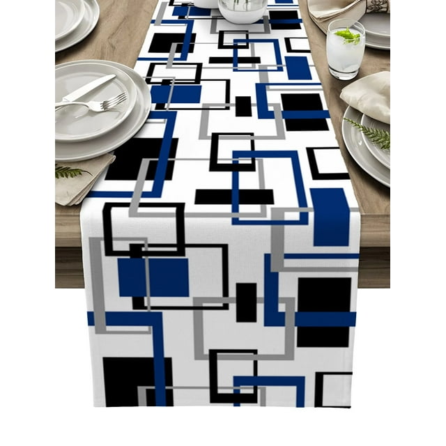 Abstract Geometry Square Modern Art Black Blue Linen Table Runner
