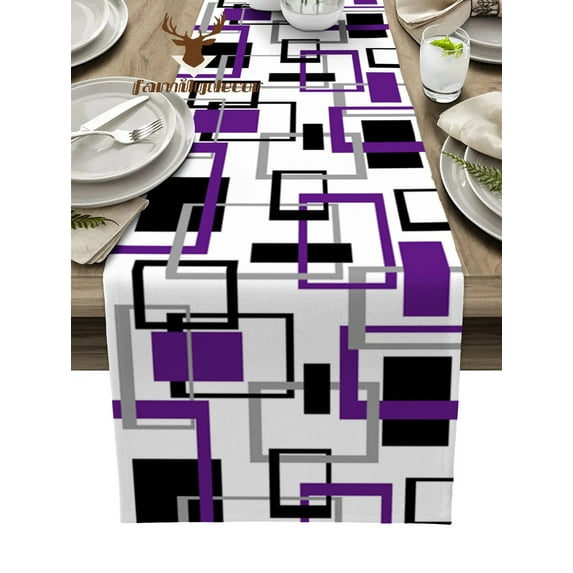 Abstract Geometry Squares Modern Art Black Purple Table Runner Home Wedding Table Mat Centerpieces Decoration Dining Tablecloth