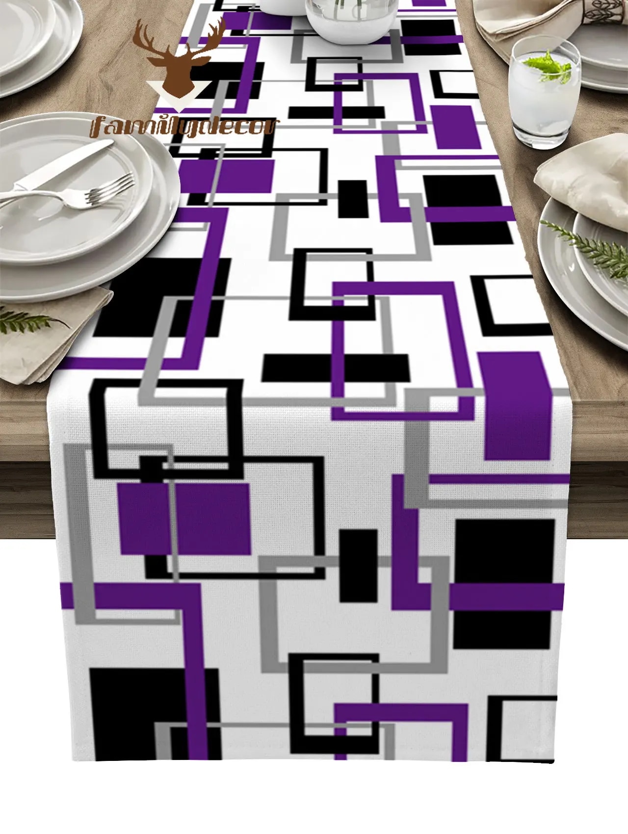 Abstract Table Centerpiece Abstract Geometry Squares Modern Art Black Purple Table Runner Home ...