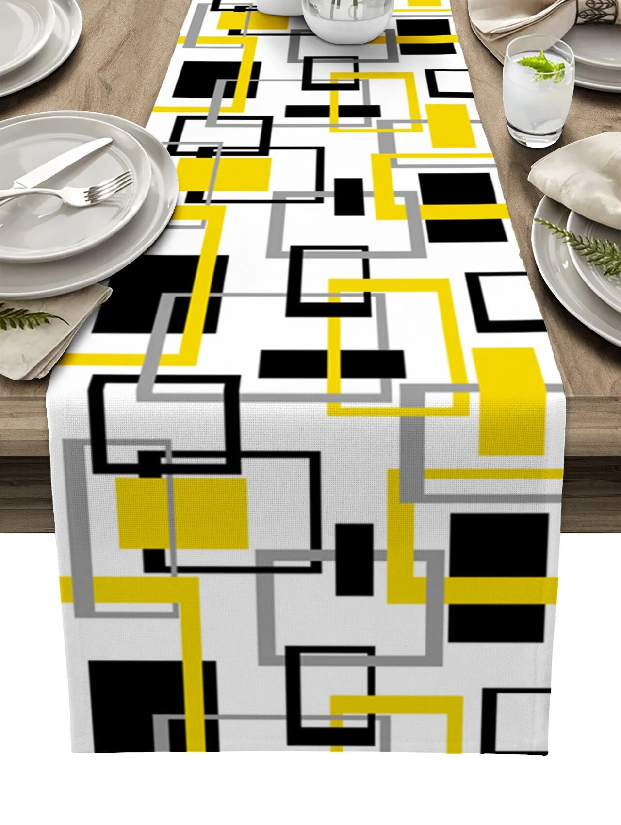 Abstract Geometry Squares Modern Art Black Yellow Linen Table Runner