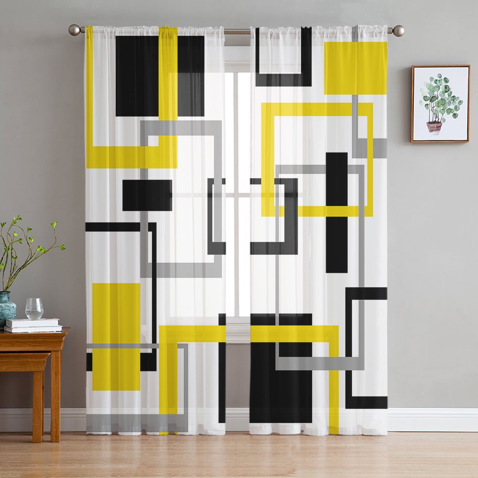 Abstract Geometry Squares Modern Art Black Yellow Sheer Curtains for