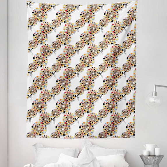 Abstract Geometry Tapestry, Illustration of Colorful Round Blots on Streaks Spikes Splashes, Fabric Wall Hanging Decor for Bedroom Living Room Dorm, 5 Sizes, White and Multicolor, by Ambesonne