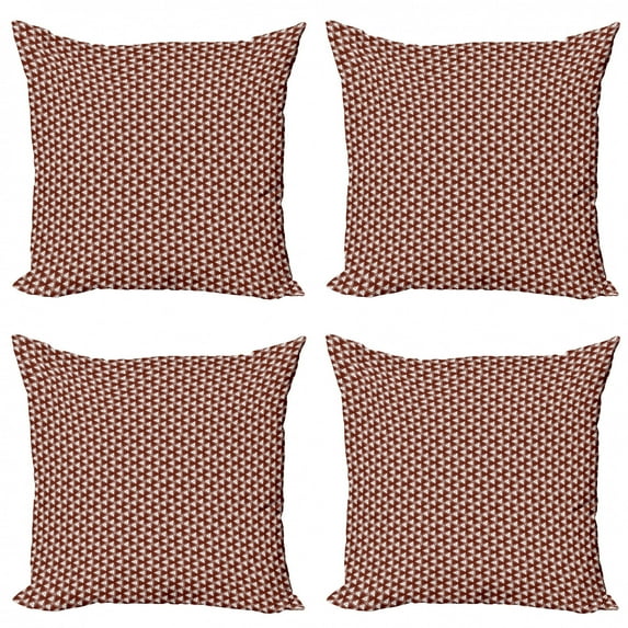Abstract Geometry Throw Pillow Cushion Case Pack of 4, Rhythmic Random Triangles Ancient Symmetry Arrangement Pattern, Modern Accent Double-Sided Print, 4 Sizes, Dark Rust and White, by Ambesonne