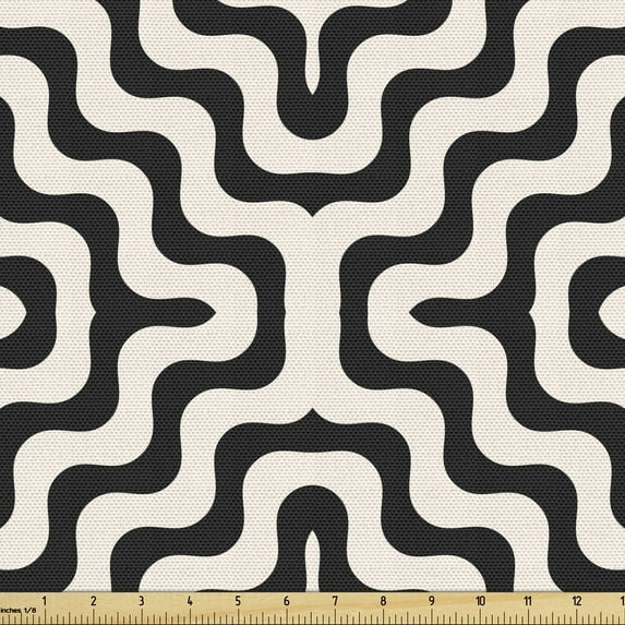 Abstract Geometry Upholstery Fabric by the Yard, Geometric Curved Stripes Wavy Lines Bicolored Pattern, Decorative Fabric for DIY and Home Accents, Charcoal Grey Champagne by Ambesonne