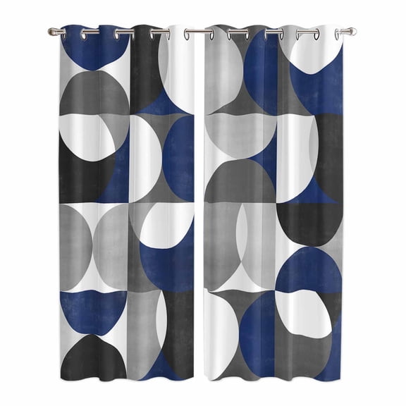 Abstract Geomrtry Kitchen Curtains 84 Inch Length, Modern Navy Blue Middle Century Grommet Top Bedroom Living Room Curtains, Light Filtering Cafe Curtain Drapes 2 Panels Set 84''x84''