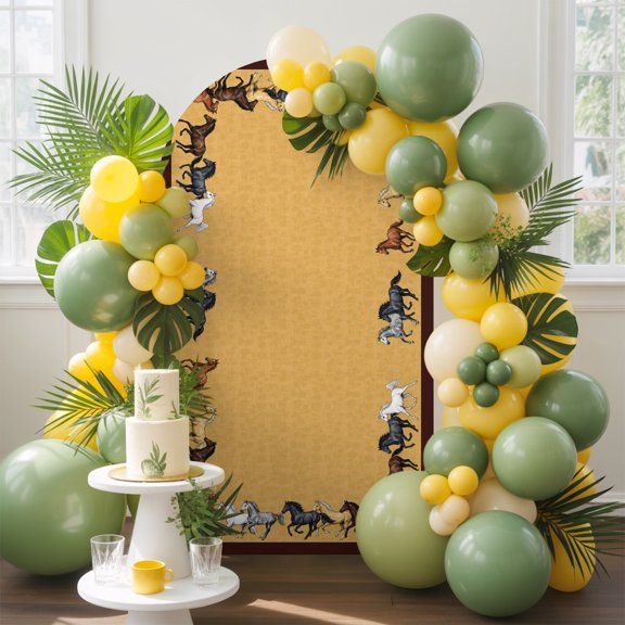 Abstract Ginger Yellow Texture Arch Backdrop Cover, 4FT, Running Horses Silhouettes Spandex Arch Covers Double-Sided Backdrop for Wedding Birthday Party Photo Background Decoration