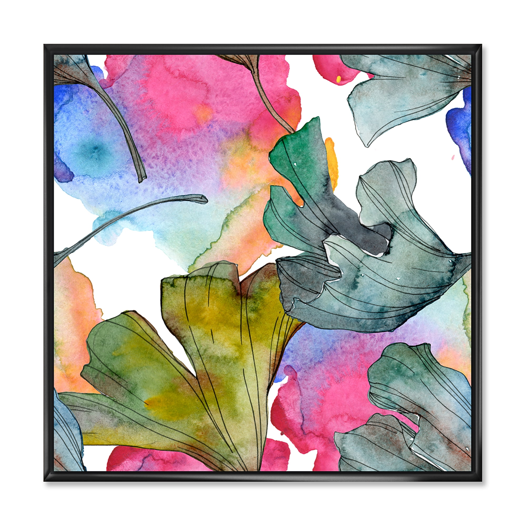 Abstract Ginkgo Biloba Leaf Foliage 16 in x 16 in Framed Painting Canvas Art Print, by Designart