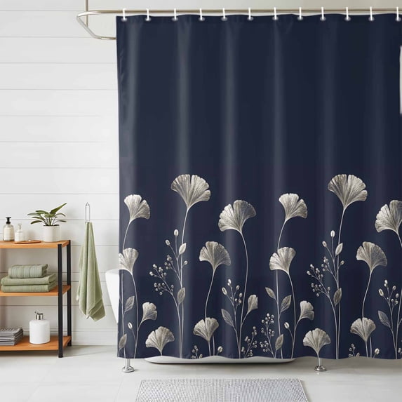 Abstract Ginkgo Florals Shower Curtains for Bathroom, Rustic Flowers Navy Blue Minimalist Waterproof Fabric Shower Curtain, Decorative Bathroom Curtain for Bathtub, 72"x84", No Hooks Included