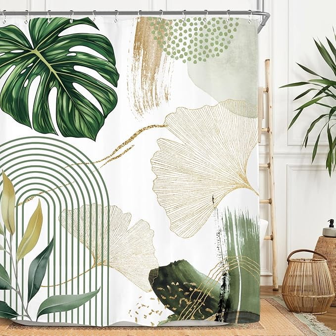 Abstract Ginkgo Olive Green Shower Curtain Set Minimalist Aesthetic
