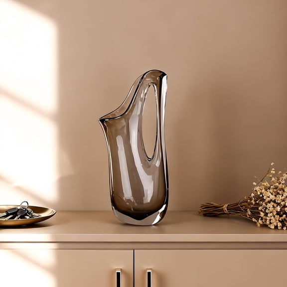 Abstract Glass Decorative Vases - 12.6" H Ombre Centerpiece Vase, Wide Mouth Handled Glass Pitcher Vase Flower, for Home Decor Living Room,Table,Bathroom,Office Shelf Decorative (Grayish Brown)