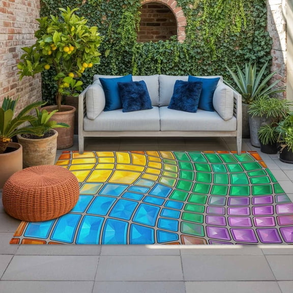 Abstract Glass Indoor Outdoor Rugs 4x6 Ft, Blue Yellow Purple Green Crystal Modern Art Outdoor Patio Rugs Mat Washable Outside Area Rugs Carpet for Porch Deck RV Camping Pool Balcony Backyard