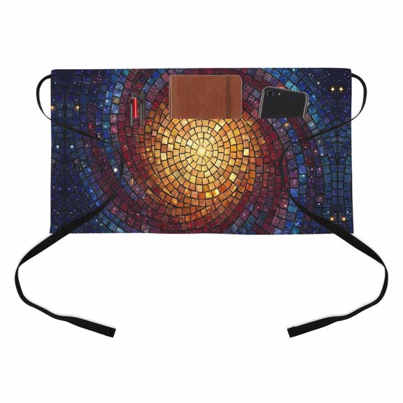 Abstract Glass Kitchen Restaurant Half Waist Apron, Gold Blue Gradient Galaxy Spiral Server Short Apron with 3 Pockets Waterproof Oil Waist Aprons for Women Waitress Waiter