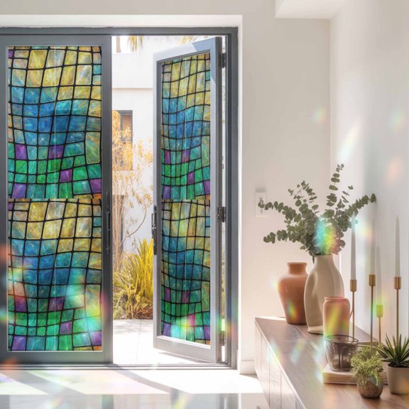 Abstract Glass Mosaic Pattern Window Privacy Film, Rainbow Film Decorative Window Sticker 23.6x78.7in, Modern Aesthetic Art Sun Blocking Static Stained Glass Cling Tint Non-Adhesive