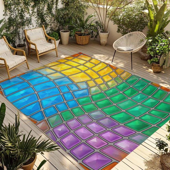 Abstract Glass Outdoor Rug 3x5 ft Blue Yellow Purple Green Crystal Modern Art Non Slip Patio Rug Washable Absorbent Large Outdoor Carpet Outside Mat for Porch RV Garden Camping