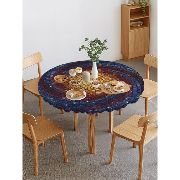 Abstract Glass Round Fitted Tablecloth with Elastic Edge, Gold Blue Gradient Galaxy Spiral Waterproof Stretch Table Covers for 36"-44" Tables Wipeable Table Cloth for Outdoor