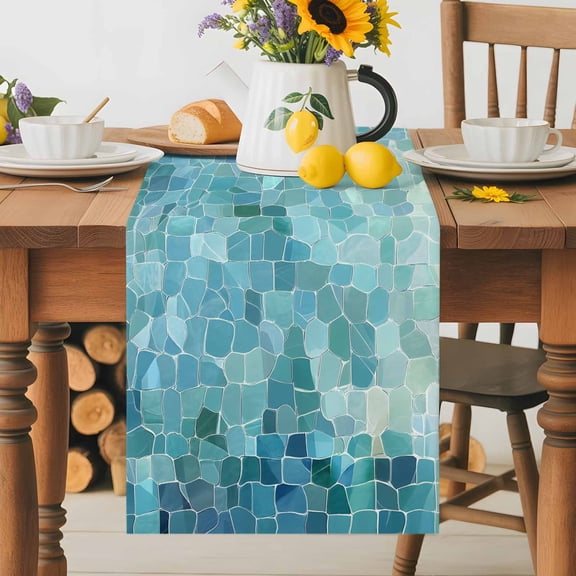 Abstract Glass Shard Splicing Table Runner 36 Inches Long, Cyan Gradient Texture Table Runners Tabletop Scarf Kitchen Dining Tables Decoration for Home Party Indoor Outdoor