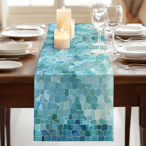 Abstract Glass Shard Splicing Table Runner Dresser Scarf,Kitchen Dining Table Decoration Cyan Gradient Texture Linen Table Runners for Home Wedding Indoor Outdoor Party,13x70in