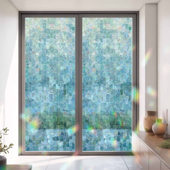 Abstract Glass Shard Splicing Window Privacy Film,Decorative Windows Static Cling Cyan Gradient Texture Heat Control Removable Glass Sticker for Home Bathroom Bedroom Window Door,35x79in