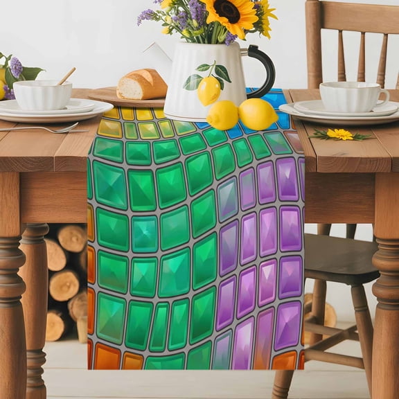 Abstract Glass Table Runner 13x48 Inch Blue Yellow Purple Green Crystal Modern Art Cotton Linen Dining Table Runner Ideal for Dresser Kitchen Coffee Tables - Machine Washable