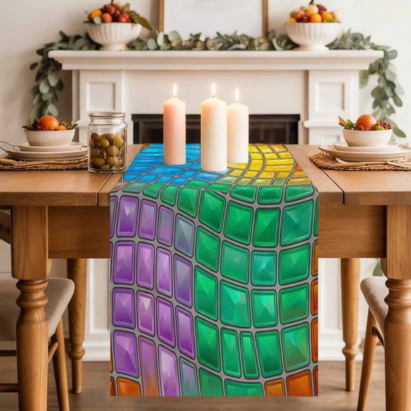 Abstract Glass Table Runner, Blue Yellow Purple Green Crystal Modern Art Washable Cotton-linen Table Runners Dining Kitchen Decoration for Everyday Home Wedding Party Decor, 18 x72 Inch