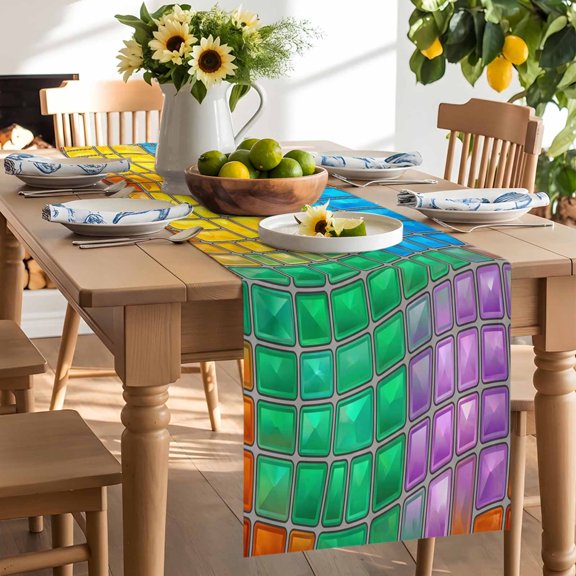 Abstract Glass Table Runner, Blue Yellow Purple Green Crystal Modern Art Washable Kitchen Table Runners Dress Scarves for Dining Table Decorations Party/Restaurant/Indoor Outdoor Use, 13x36in