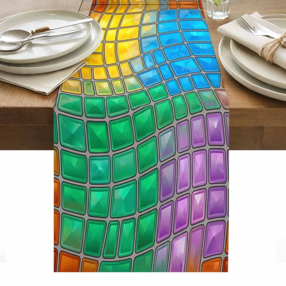 Abstract Glass Table Runner Colorful Geometric Plaid Gradient Art Tablerunners 13 x 48 Inch, Table Decorations Tabletop Scarf for Summer Gathering Holiday Farmhouse Kitchen Dining Decor
