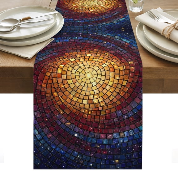 Abstract Glass Table Runner, Gold Blue Gradient Galaxy Spiral Cotton Linen Kitchen Dining Table Runner Cloth Dresser Scarf Decoration for Party Home Decor 13x36in
