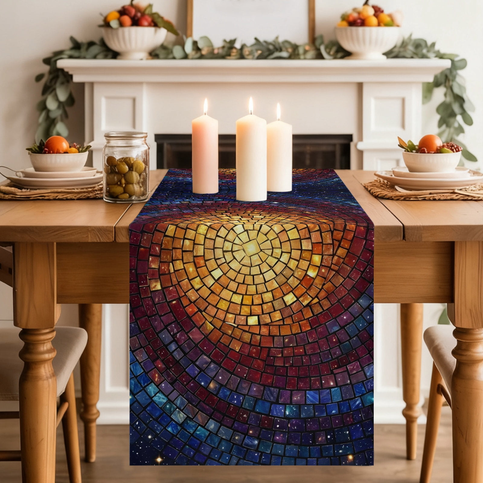 Abstract Glass Table Runner, Gold Blue Gradient Galaxy Spiral Washable ...