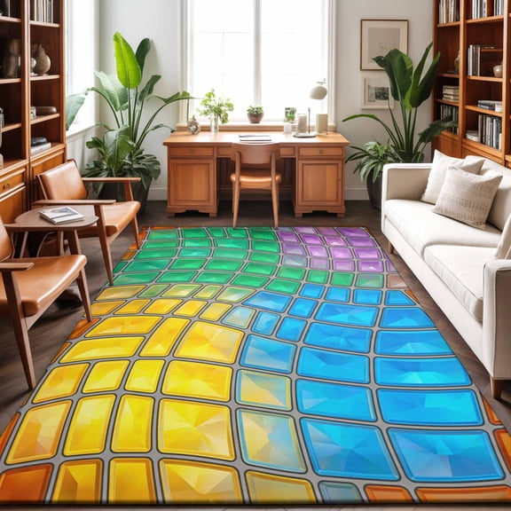 Abstract Glass Washable Area Rug 9 x 12 ft Blue Yellow Purple Green Crystal Modern Art, Soft Non Slip Rugs Stain Repellent Indoor Felt Carpet for Living Dining Room Bedroom Home Office