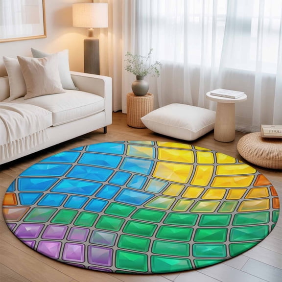 Abstract Glass Washable Round Area Rug 4 ft, Blue Yellow Purple Green Crystal Modern Art, Soft Non Slip Rugs Stain Repellent Indoor Felt Carpet for Living Dining Room Bedroom Home Office