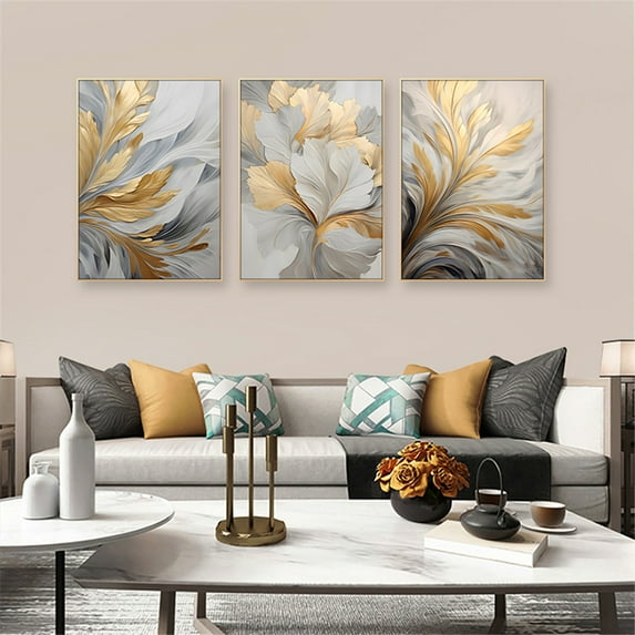 Abstract Gold And Grey Feather Wall Art Canvas Poster Modern Minimalist Flower Wall Painting For Bedroom Living Room Decor